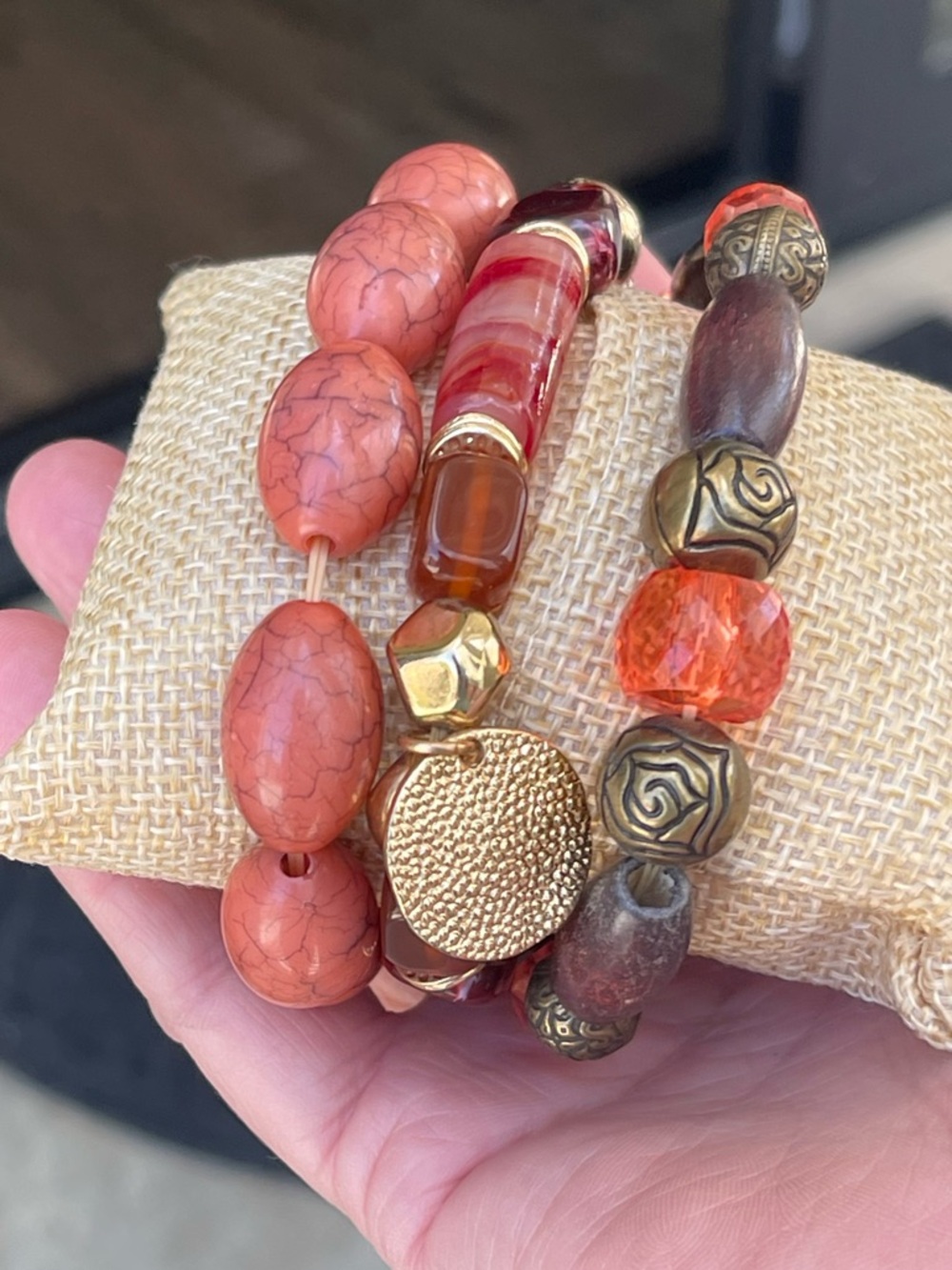 Coral and Gold Multi-Strand Beaded Bracelet Set for Women